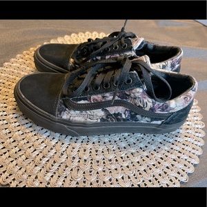 Vans (women's 8.5, mens 7) black with floral print. Like new!